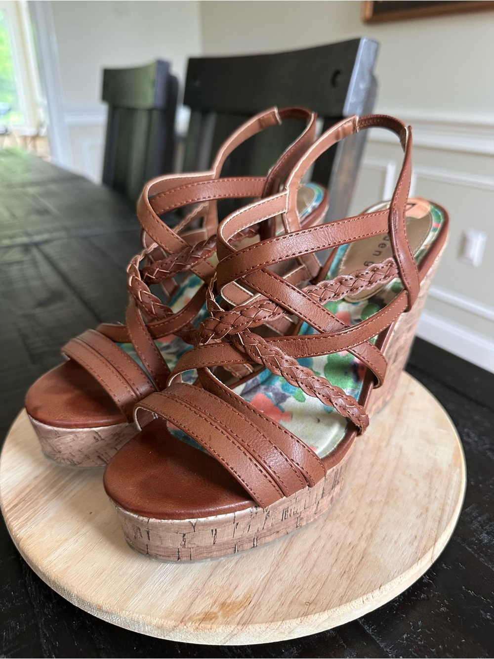 Brown Strappy Cork Wedge Sandals - Women’s size 7